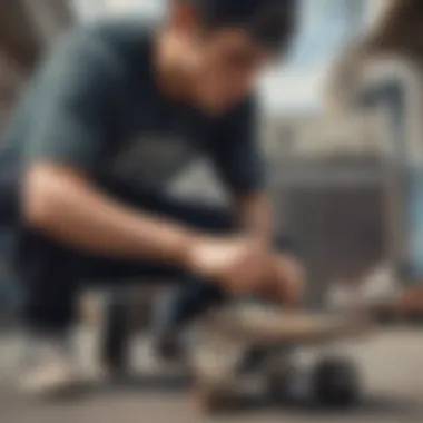 Skateboard enthusiast sharpening their skateboard with a tool