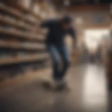 A skateboarder evaluating a skateboard in a shop