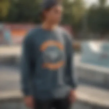 A skateboarder wearing a drop shoulder long sleeve t-shirt in an urban skate park.