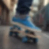 A stylish pair of blue skate shoes on a skateboard deck