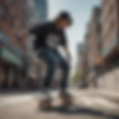 Skateboarder wearing innovative streetwear in an urban setting.