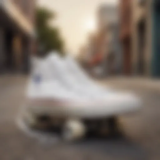 A pair of white Converse shoes on a skateboard