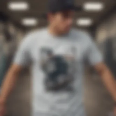 A stylish individual wearing a fitted graphic tee in a skateboarding environment