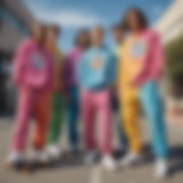 Group of skateboarders wearing stylish tie dye sweatpants suits