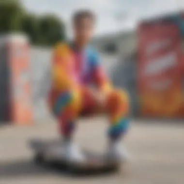 Vibrant tie dye sweatpants suit showcased in a skate park