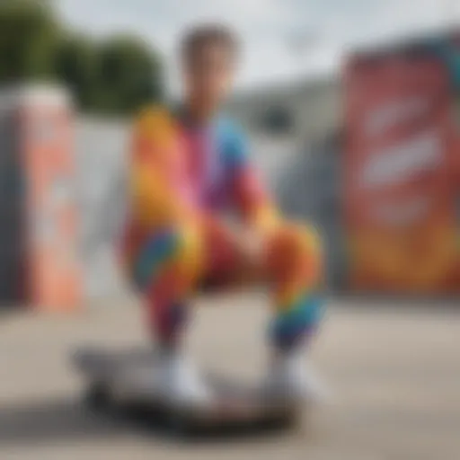 Vibrant tie dye sweatpants suit showcased in a skate park