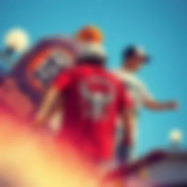 An illustration depicting the evolution of graphic tee designs through different skateboarding eras.