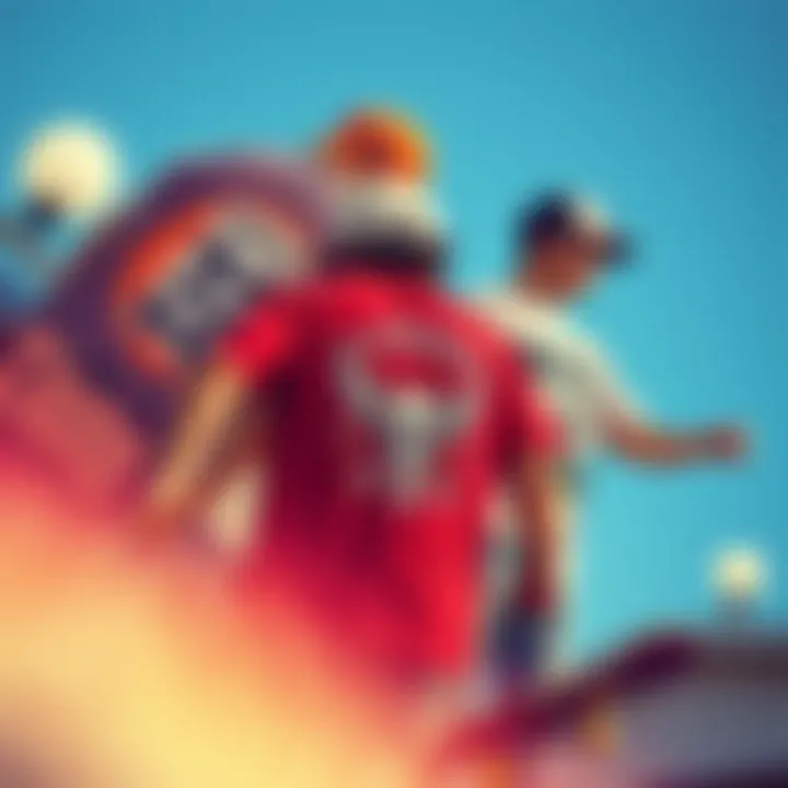 An illustration depicting the evolution of graphic tee designs through different skateboarding eras.