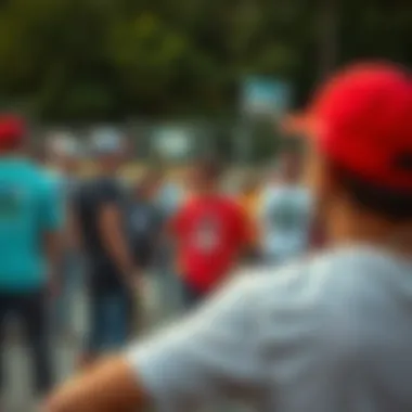 An engaging scene at a skate park with enthusiasts wearing diverse graphic tees, emphasizing community and self-expression.