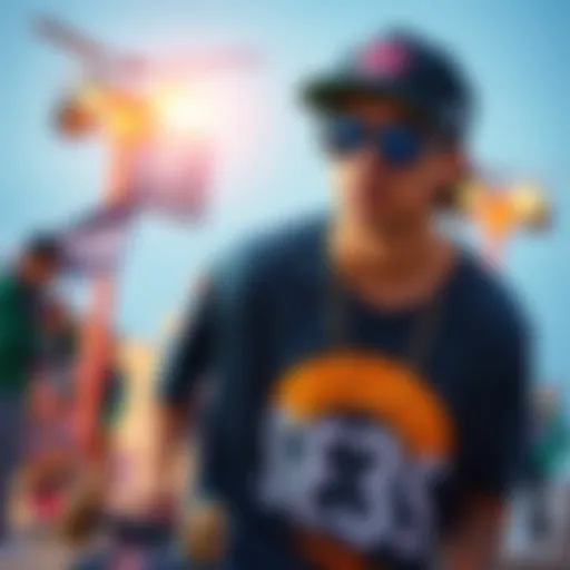 A vibrant illustration of a skateboarder wearing a graphic tee, showcasing unique design elements.