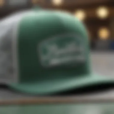 A close-up of a green and white trucker hat showcasing its intricate stitching.