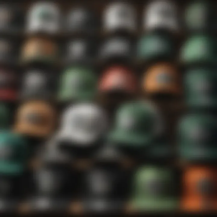 A collection of various brands of green and white trucker hats displayed together.