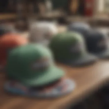 A group of skateboarders sharing stories, with a focus on their trucker hats.