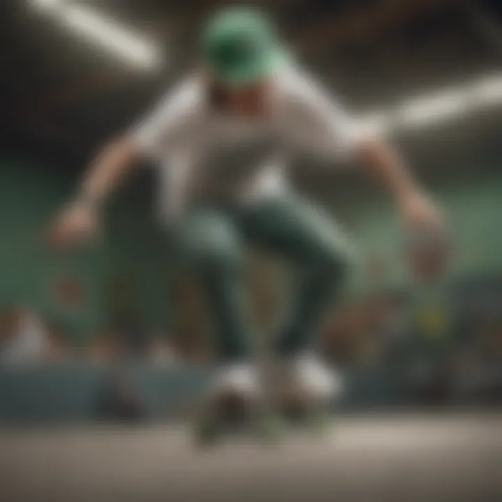 A skateboarder wearing a green and white trucker hat while performing a trick.