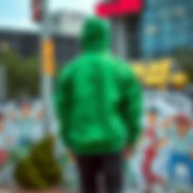 The vibrant green bomber jacket displayed against an urban backdrop