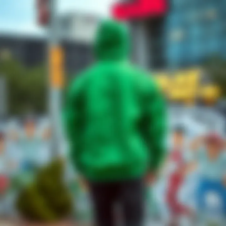 The vibrant green bomber jacket displayed against an urban backdrop