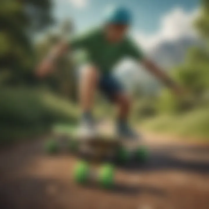 A vibrant landscape with a rider skillfully maneuvering a green penny board.