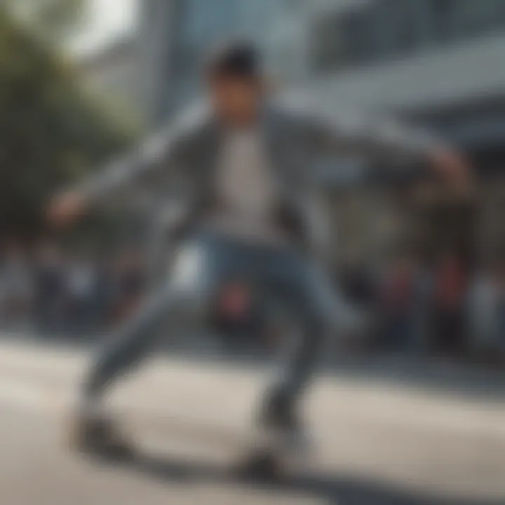 Skateboarder wearing the grey Nike jacket performing a trick