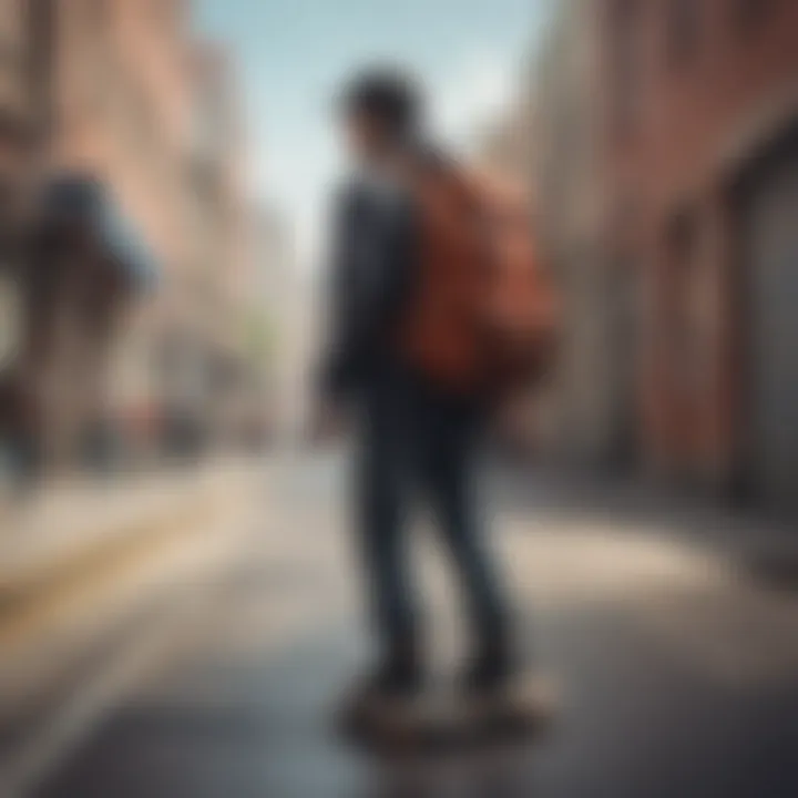 Skaters using backpacks in urban environments.