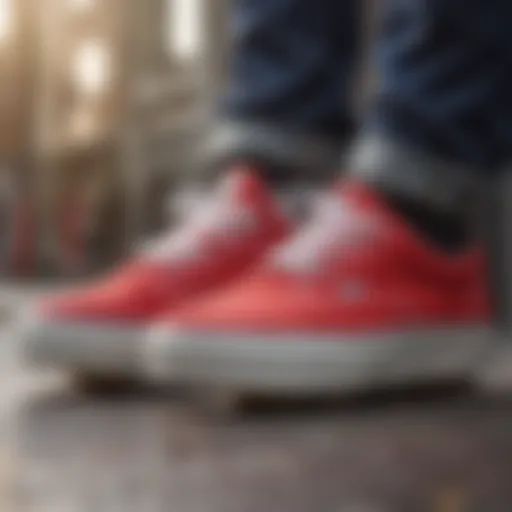 Close-up of red Vans shoes on a skateboard