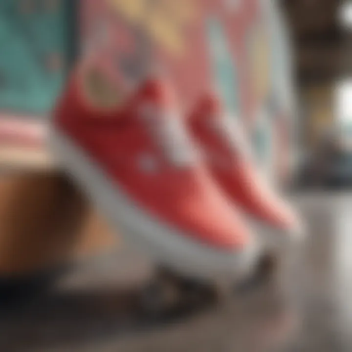 Close-up view of red Vans on a skateboard