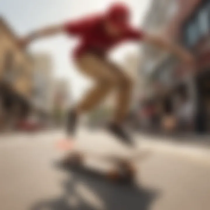 Skateboarder wearing red and tan Vans in action