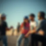 A vibrant skateboarding scene showcasing diverse riders in conversation