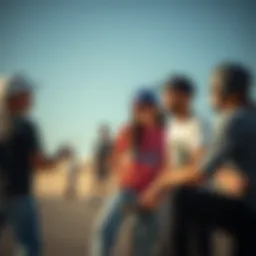 A vibrant skateboarding scene showcasing diverse riders in conversation
