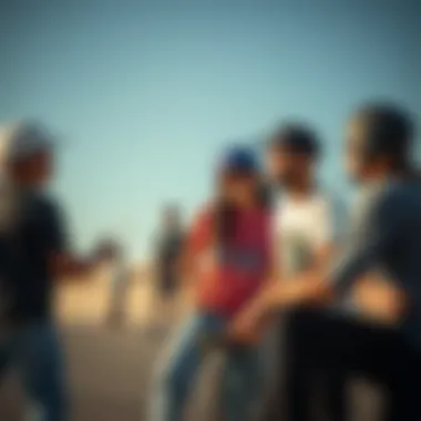 A vibrant skateboarding scene showcasing diverse riders in conversation