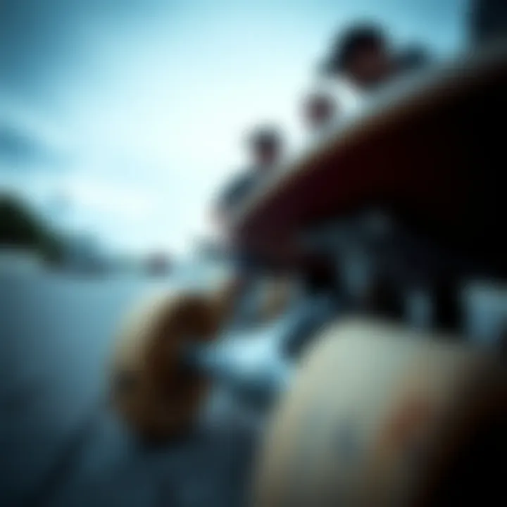 Close-up of skateboard wheels near a group discussing techniques