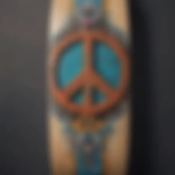 Close-up of a skateboard adorned with peace symbol graphics