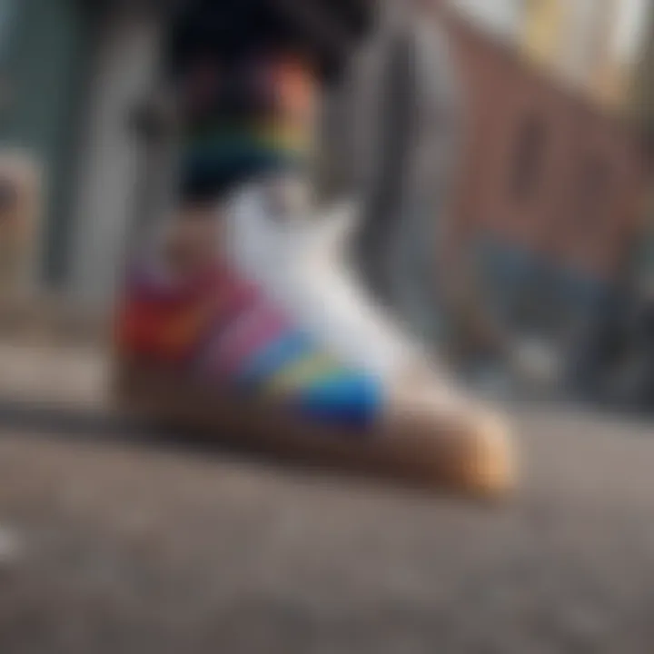 A close-up of the unique design elements in Adidas Pride clothing inspired by skateboarding