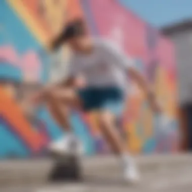 A dynamic urban skate scene featuring Adidas Pride clothing against a colorful graffiti backdrop