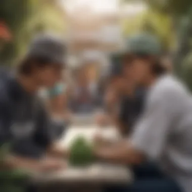 A group of skateboarders wearing the Huf weed hat in an urban skate park.