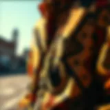 A close-up of a long sleeve button-up shirt showcasing unique patterns