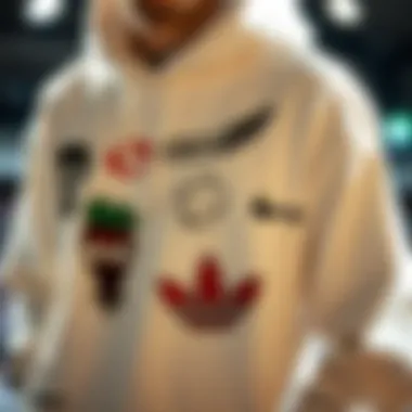 Close-up of a white hoodie with unique skate brand logos embroidered