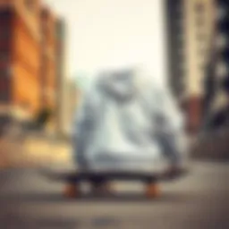 A pristine white hoodie showcased on a skateboard against an urban backdrop