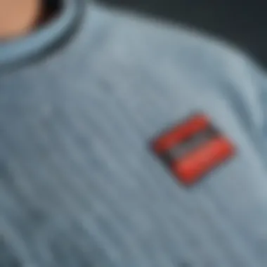 Close-up of the texture and stitching of a light blue crewneck sweater, highlighting its design nuances.