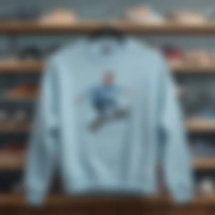 A light blue crewneck sweater on display among other fashionable skateboarding apparel in a trendy shop.