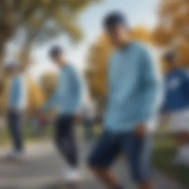 A group of skateboarders in a park, all wearing different styles of light blue crewneck sweaters, showcasing fashion diversity.