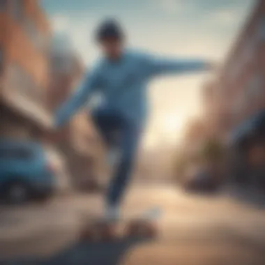 A skater wearing a light blue crewneck sweater while performing a trick on a skateboard in an urban setting.