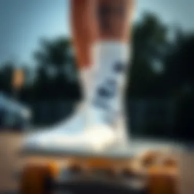 Close-up of medium white Nike socks on a skateboard