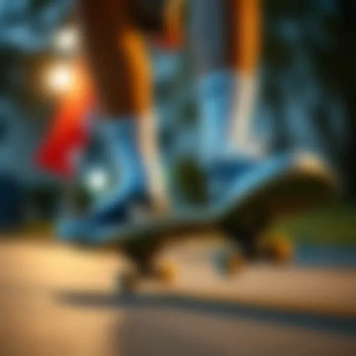 A skateboarder performing tricks with Nike socks visible