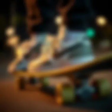 Close-up of Nike sneakers on a skateboard