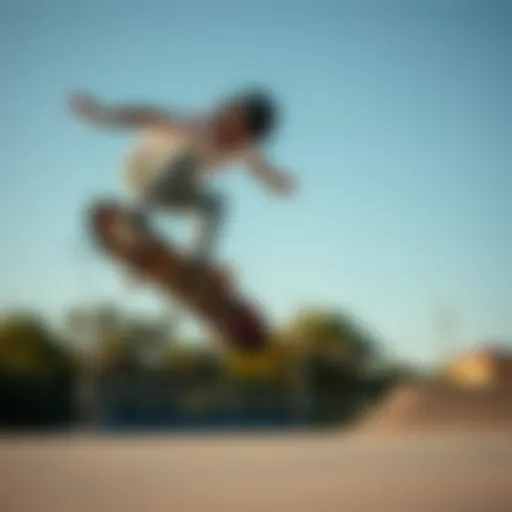 A skateboarder performing an ollie in mid-air