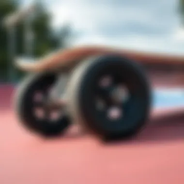 A close-up of skateboard wheels on a ramp