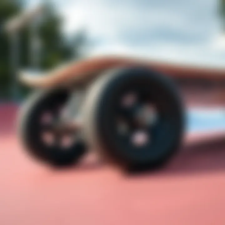 A close-up of skateboard wheels on a ramp