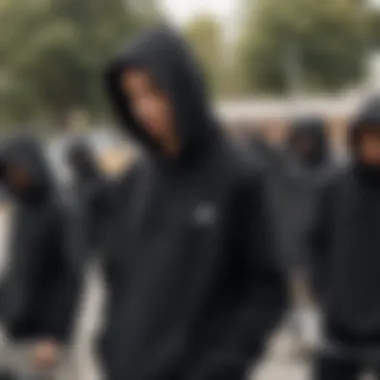 A group of skaters in black hoodies at a skate park