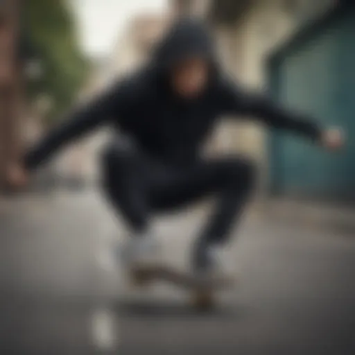 A skater performing a trick in a black hoodie