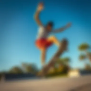 Skateboarder performing a trick in flexible shorts